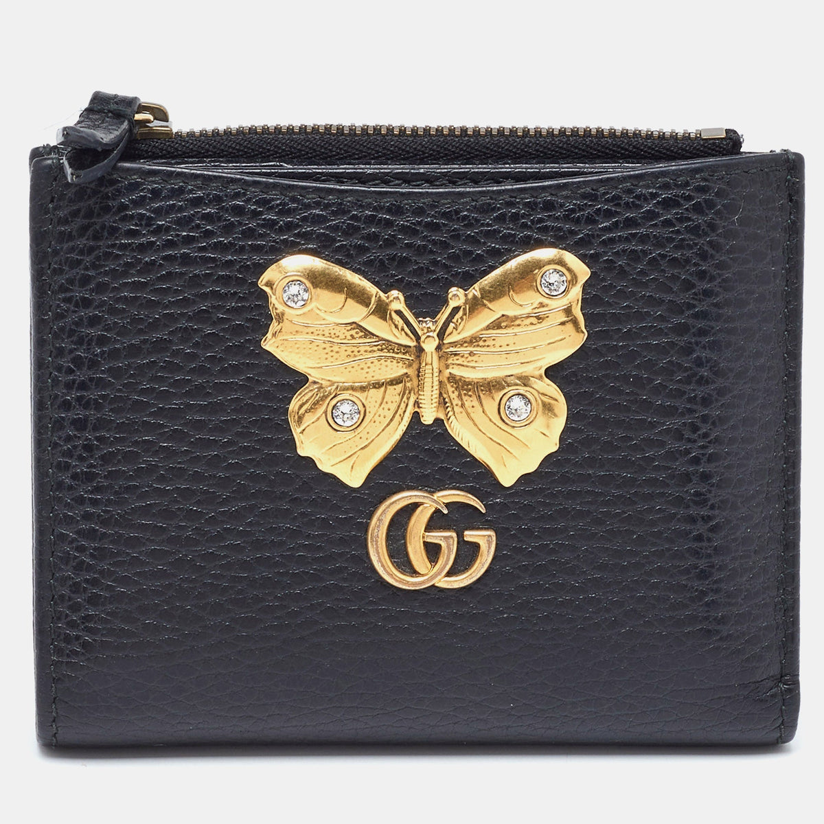 GUCCI Black Leather GG Marmont Butterfly Bifold Zip Wallet