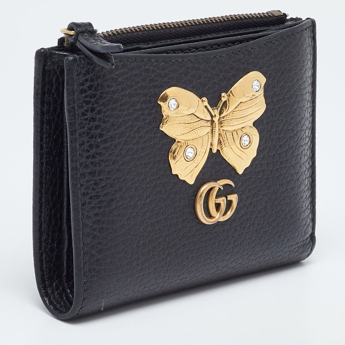 GUCCI Black Leather GG Marmont Butterfly Bifold Zip Wallet