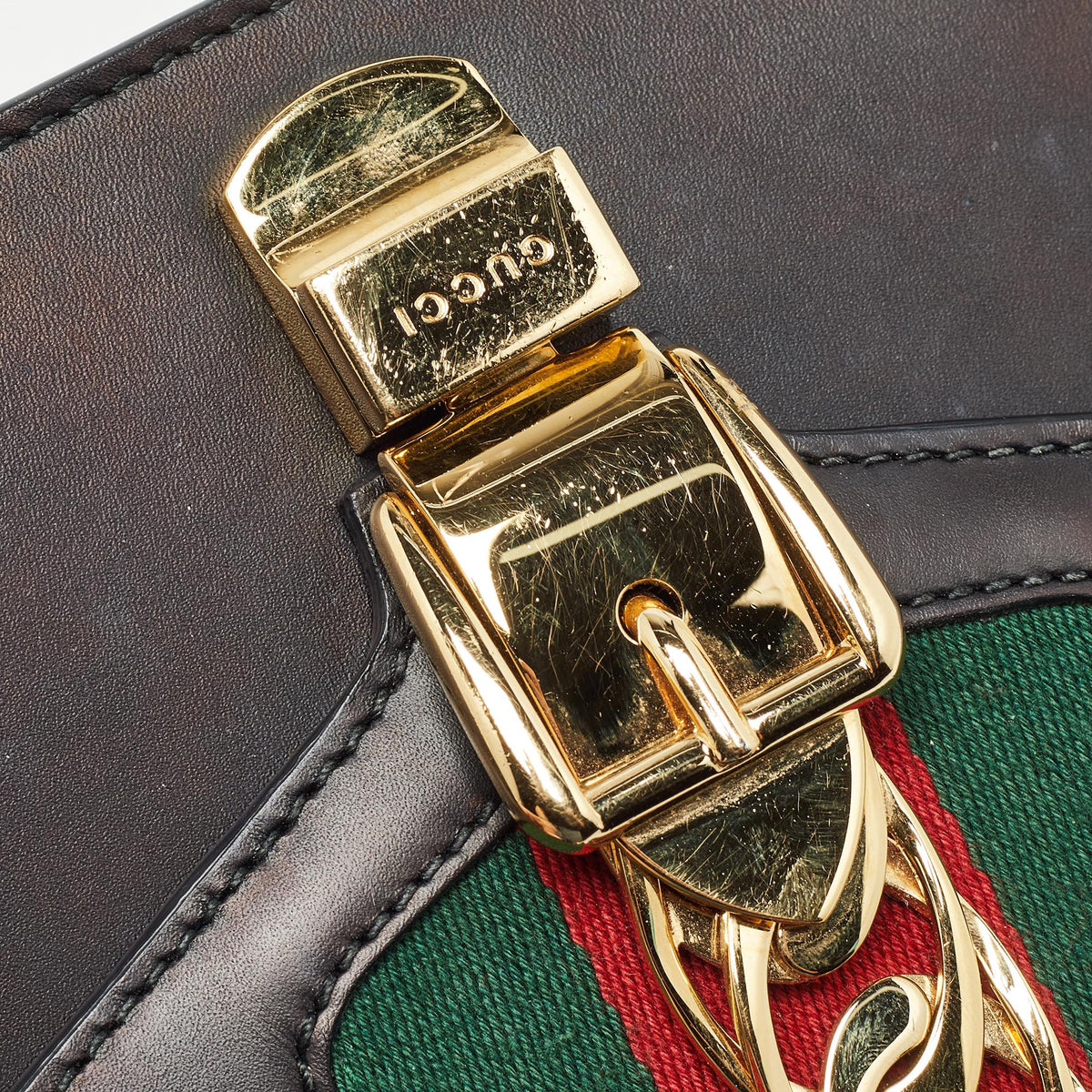 GUCCI Black Leather Mini Web Chain Sylvie Crossbody Bag