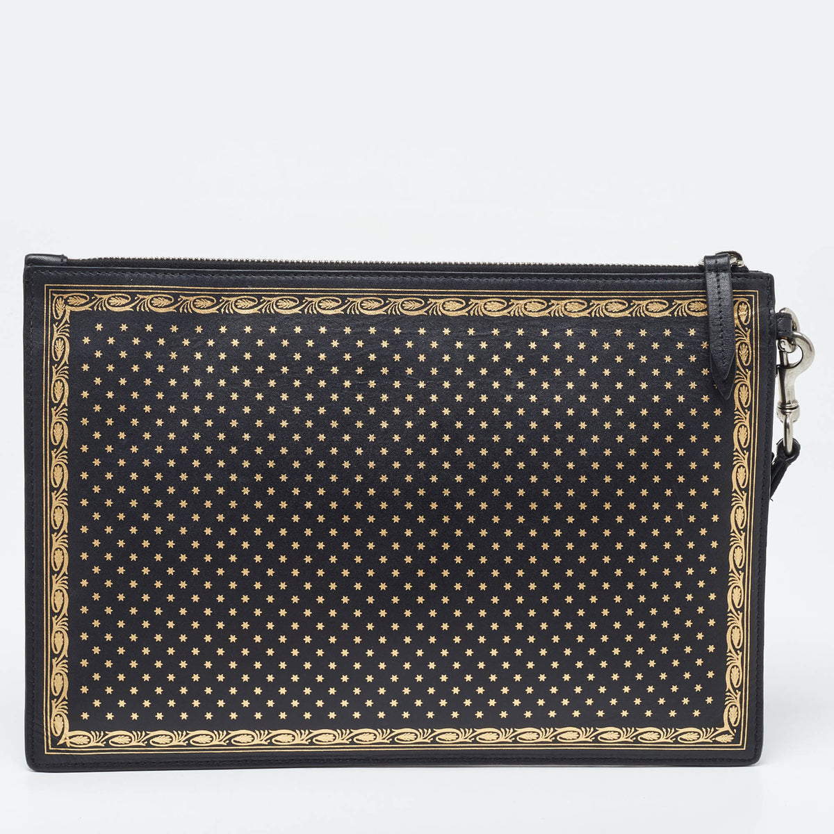 GUCCI Black Leather Guccy Star Wristlet Pouch
