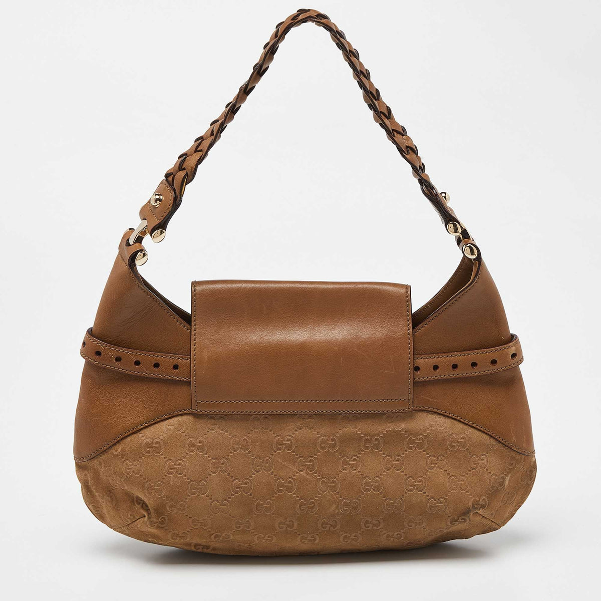 GUCCI Beige GG Suede and Leather Pelham Flap Hobo