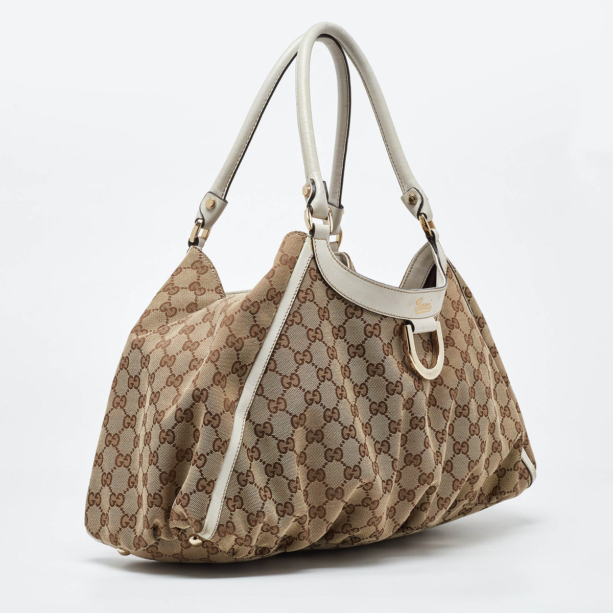 GUCCI Beige/White GG Canvas and Leather Large Abbey D Ring Shoulder Bag