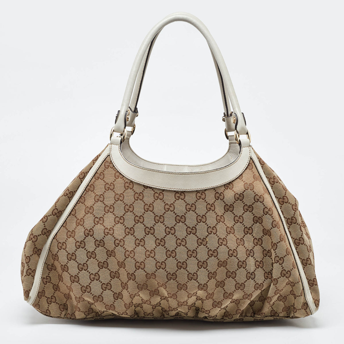 GUCCI Beige/White GG Canvas and Leather Large Abbey D Ring Shoulder Bag