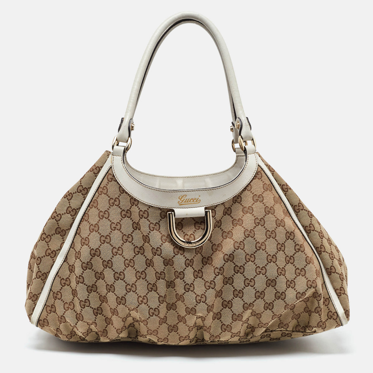 GUCCI Beige/White GG Canvas and Leather Large Abbey D Ring Shoulder Bag