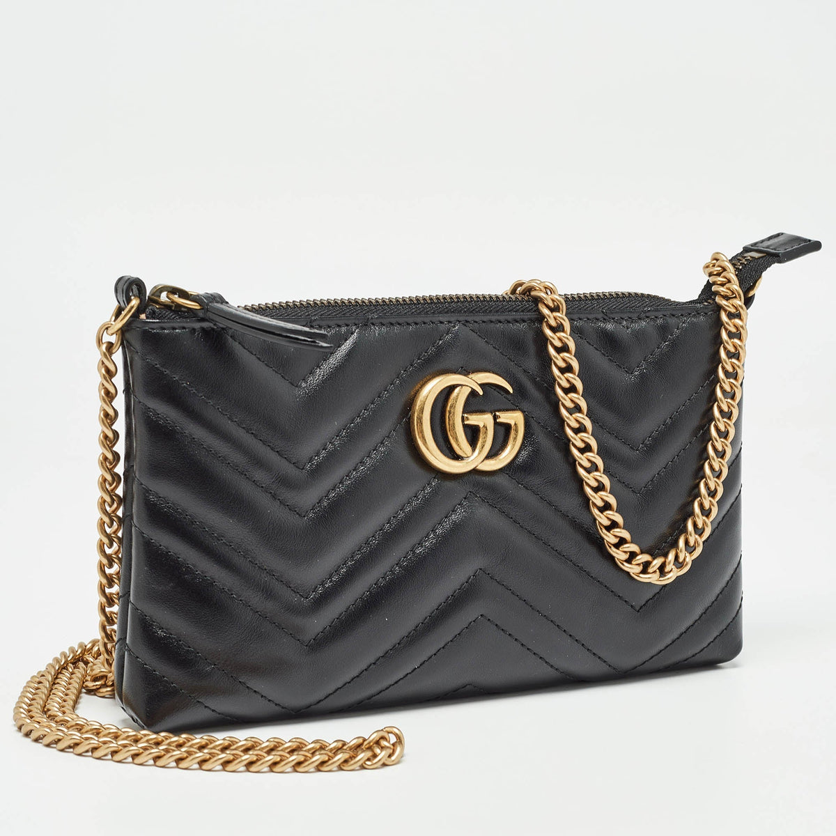 GUCCI Black Matelasse Leather GG Marmont Chain Clutch
