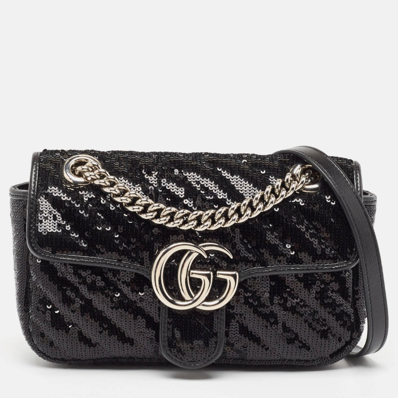 GUCCI Black Diagonal Sequins and Leather Mini GG Marmont Shoulder Bag