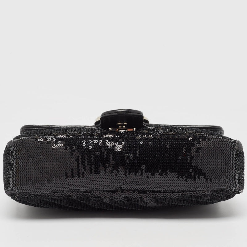GUCCI Black Diagonal Sequins and Leather Mini GG Marmont Shoulder Bag