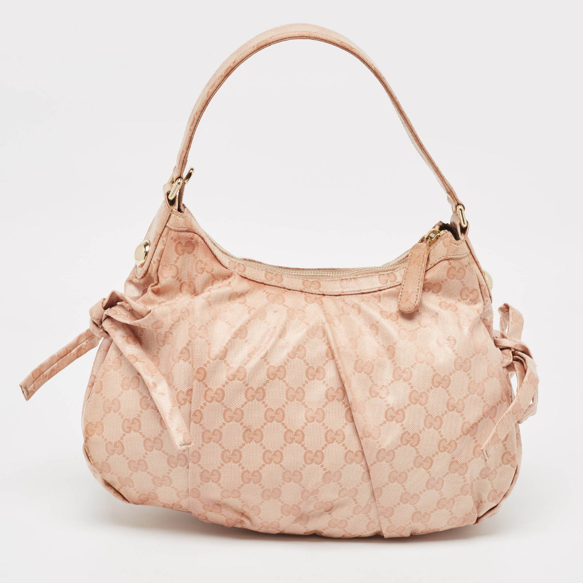 GUCCI Pink GG Crystals Canvas Horsebit Charm Web Hobo