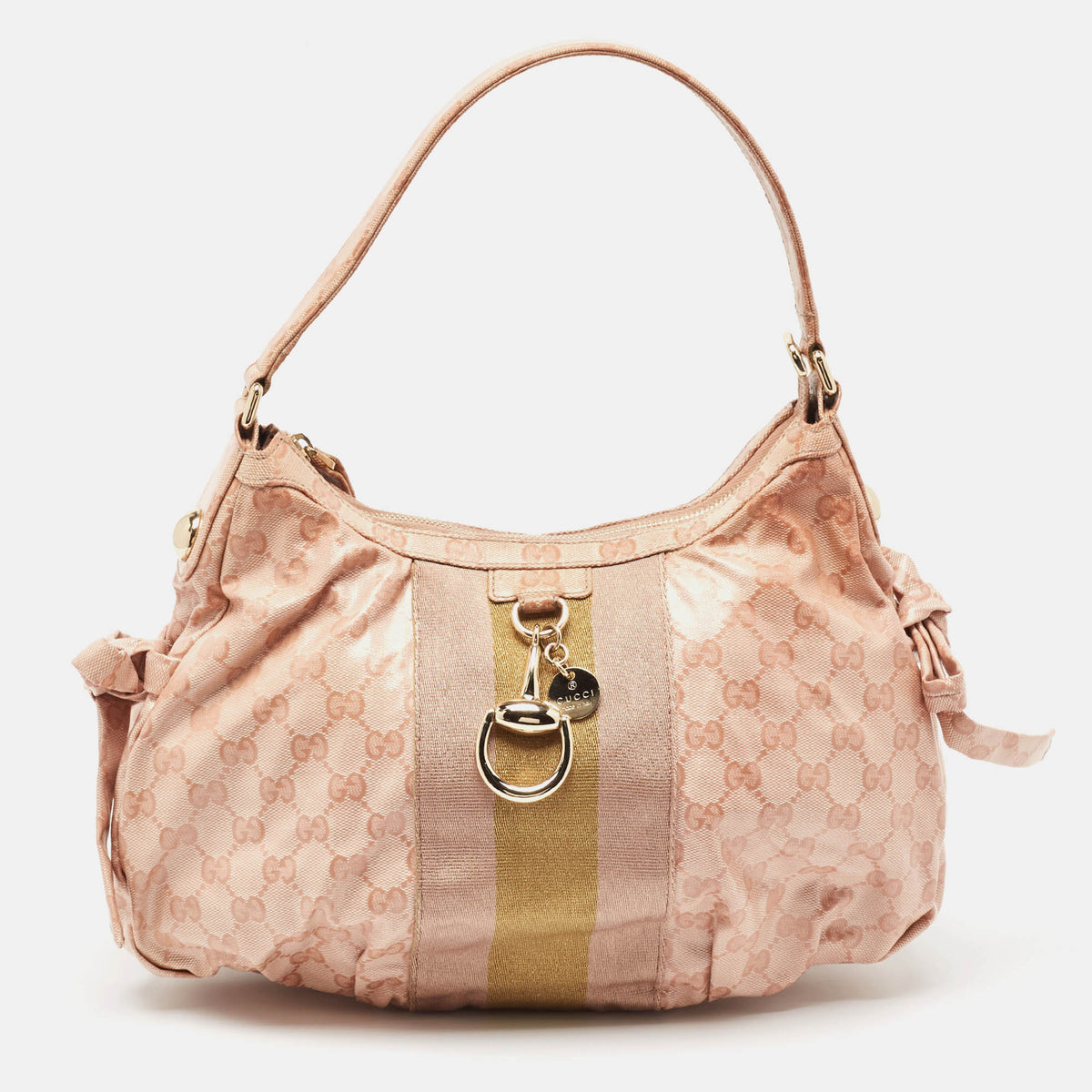 GUCCI Pink GG Crystals Canvas Horsebit Charm Web Hobo