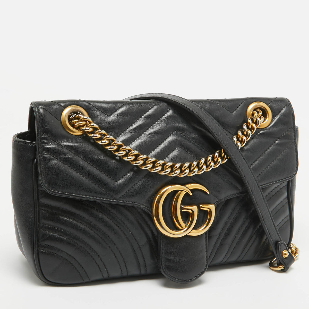 GUCCI Black Matelasse Leather Small GG Marmont Shoulder Bag