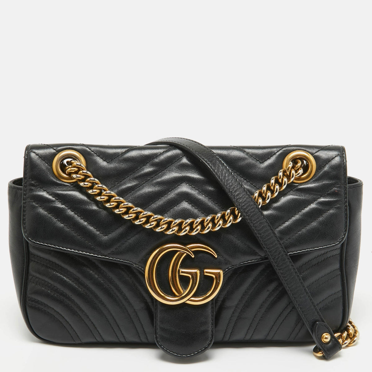 GUCCI Black Matelasse Leather Small GG Marmont Shoulder Bag