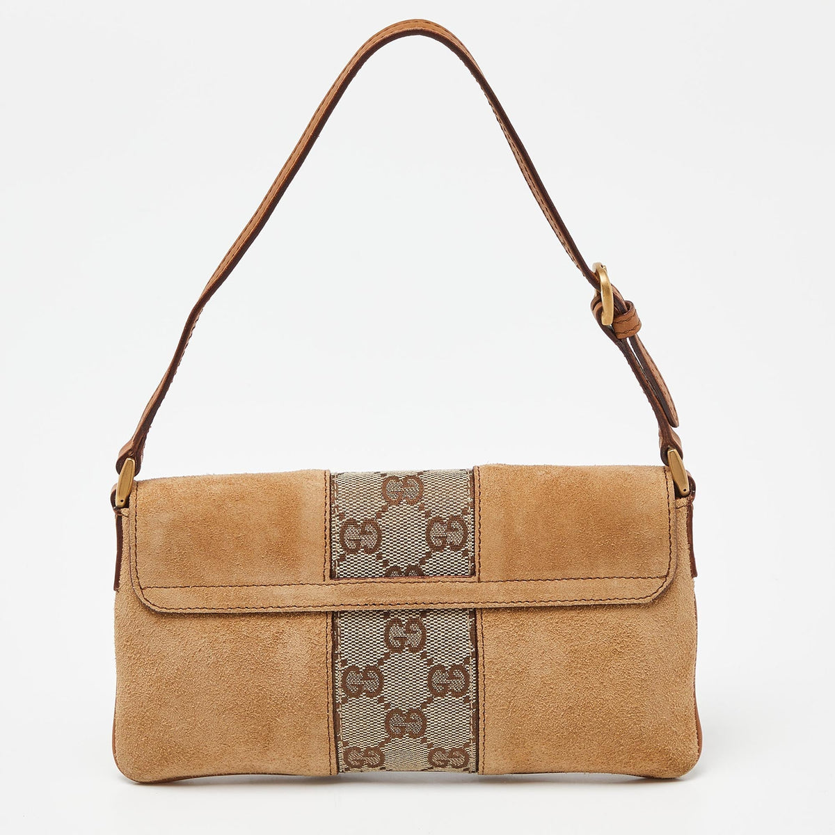 GUCCI Two Tone Beige GG Canvas, Suede and Leather Flap Pochette