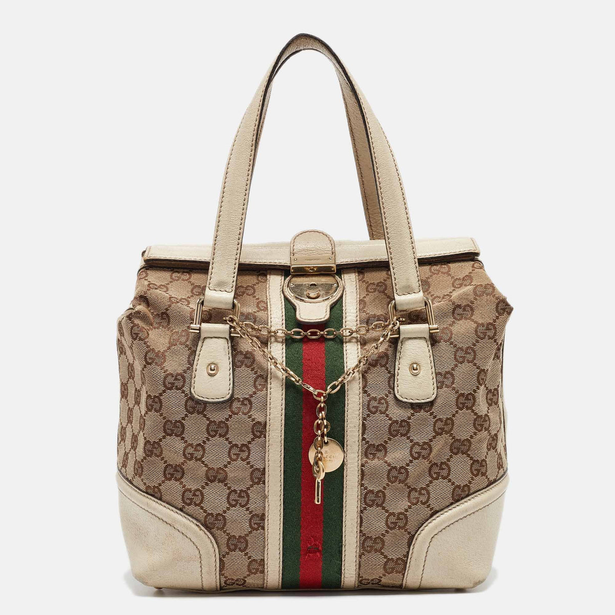 GUCCI Off White/Beige GG Canvas and Leather Web Treasure Boston Bag