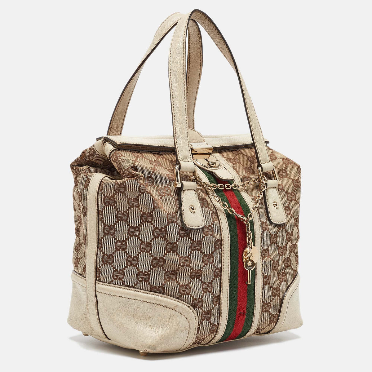 GUCCI Off White/Beige GG Canvas and Leather Web Treasure Boston Bag