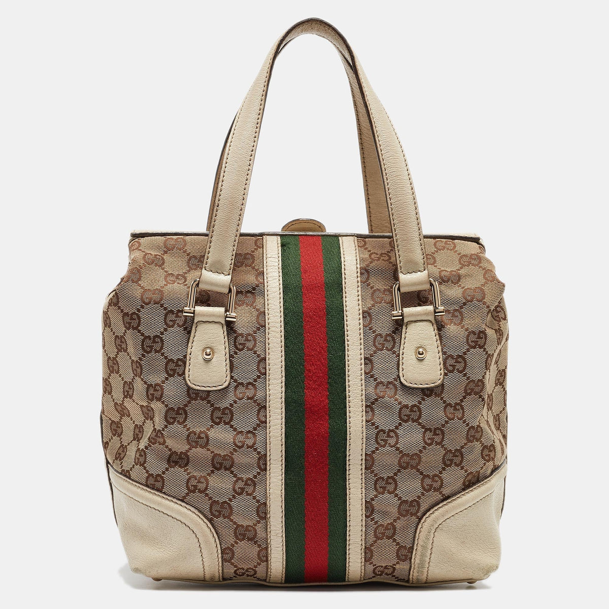 GUCCI Off White/Beige GG Canvas and Leather Web Treasure Boston Bag