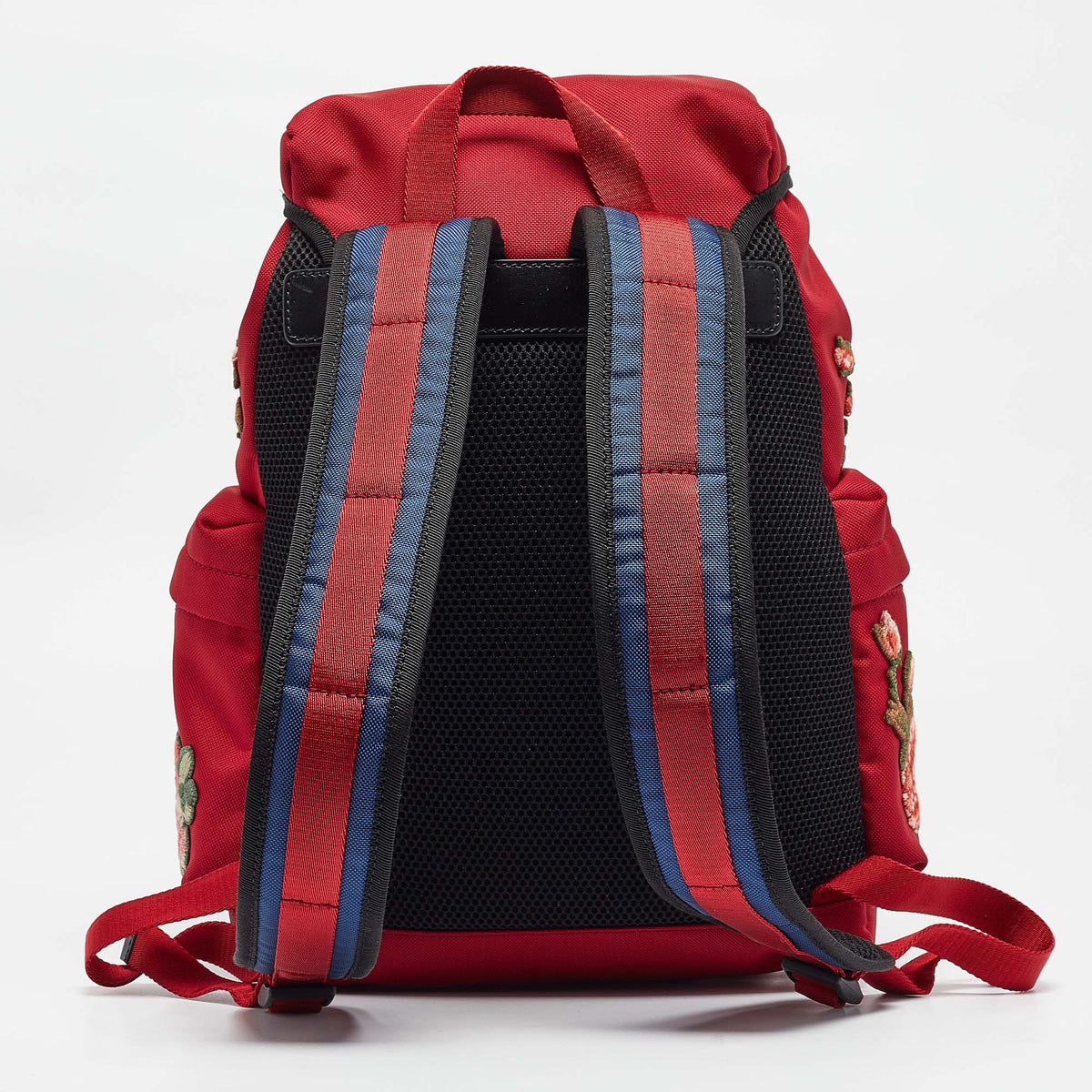 GUCCI Red Techno Canvas L'Aveugle Par Amour Embroidered Double Buckle Backpack