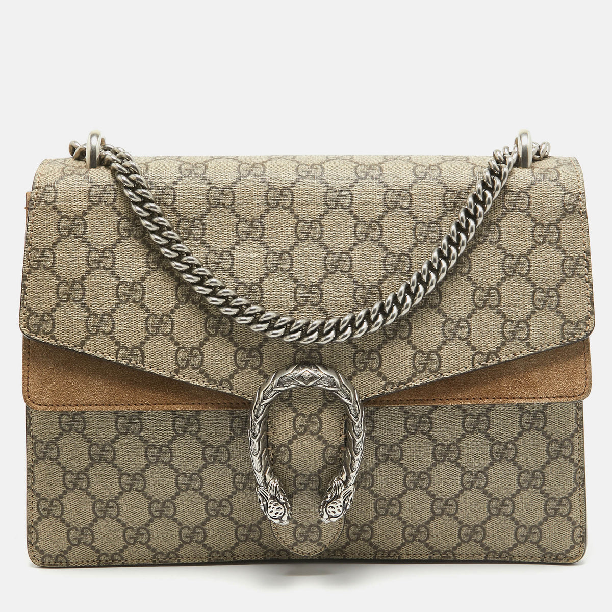GUCCI Beige GG Supreme Canvas and Suede Medium Dionysus Shoulder Bag