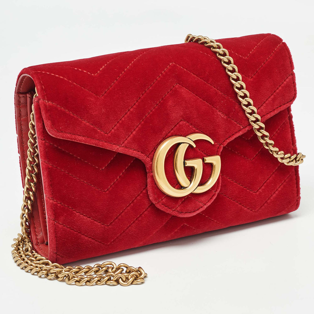 GUCCI Red Matelasse Velvet GG Marmont Wallet on Chain