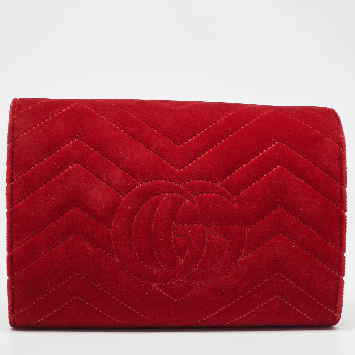 GUCCI Red Matelasse Velvet GG Marmont Wallet on Chain