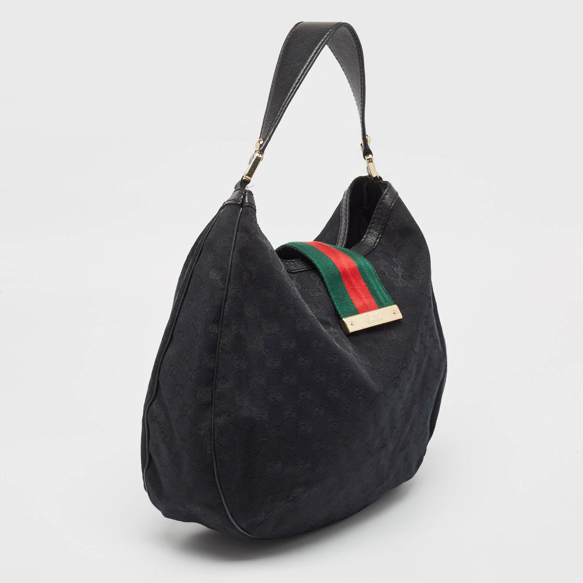 GUCCI Black GG Canvas and Leather New Ladies Web Hobo