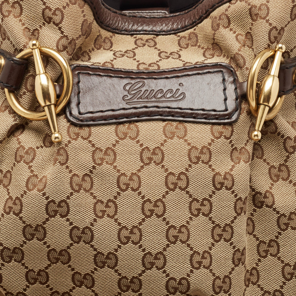 GUCCI Brown/Beige GG Canvas and Leather Horsebit Jockey Tote