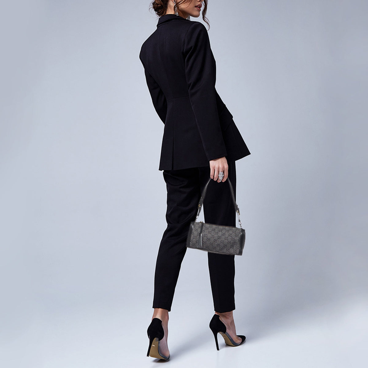 GUCCI Grey/Black GG Canvas and Leather Zip Bag