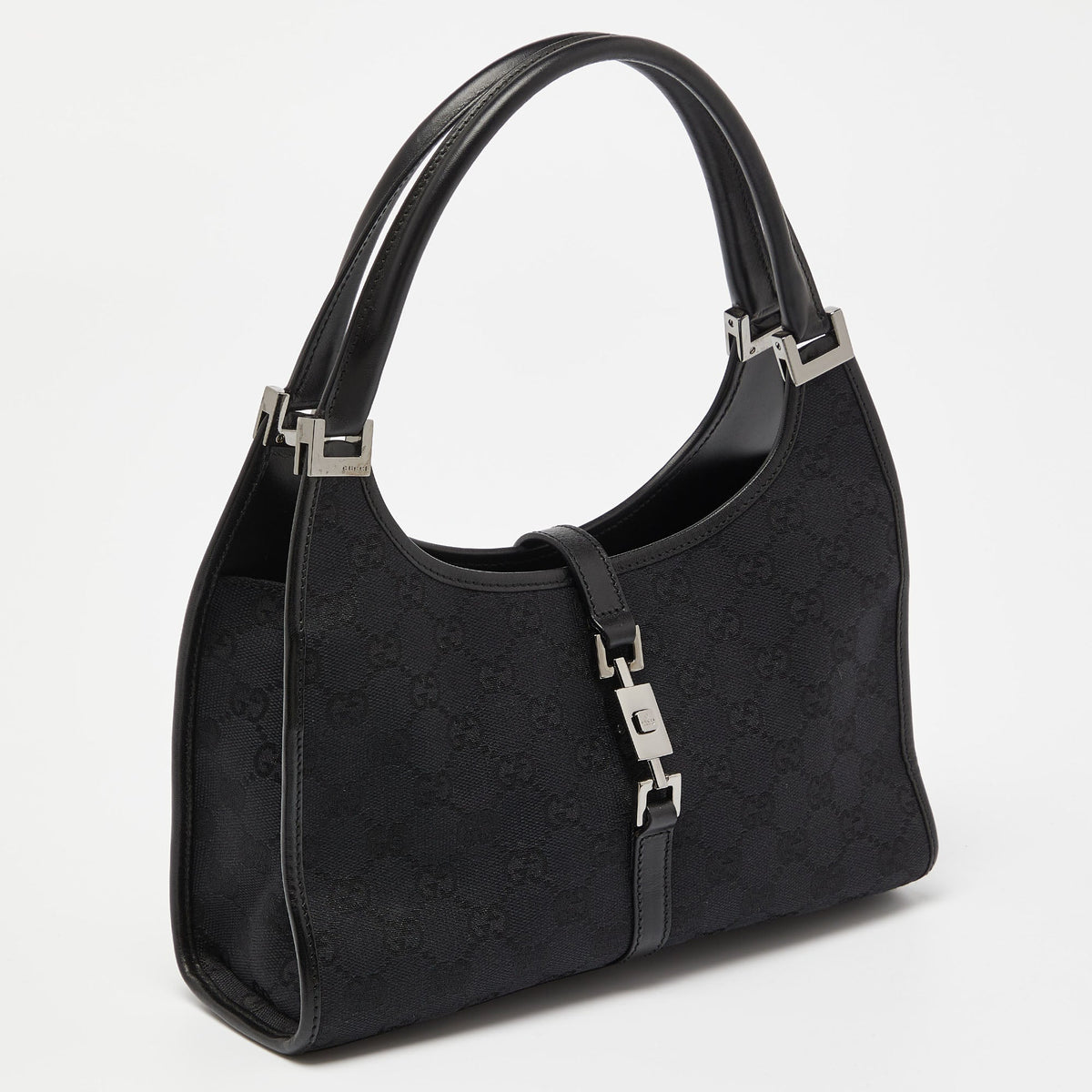 GUCCI Black GG Canvas and Leather Small Bardot Bag