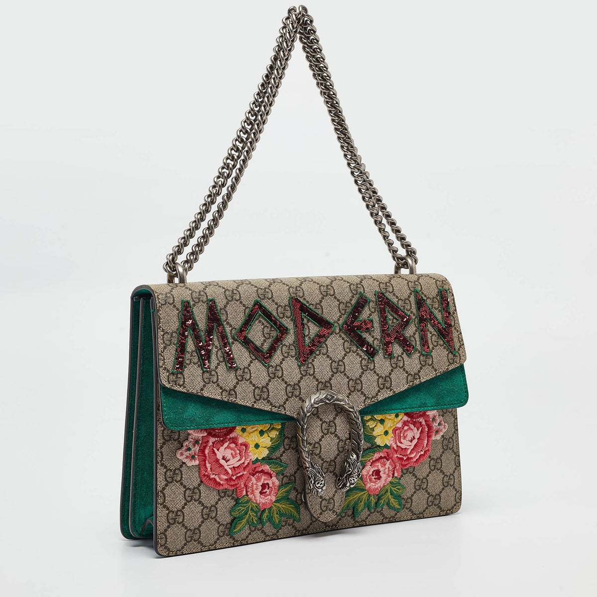 GUCCI Green/Beige GG Supreme Canvas and Suede Medium Modern Embroidered Dionysus Shoulder Bag