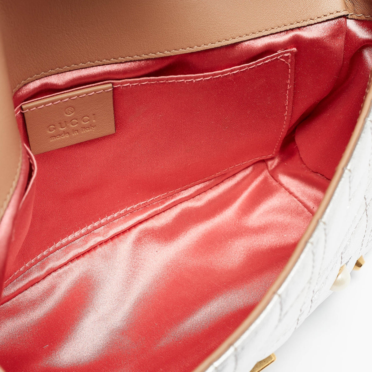 GUCCI Silver Matelasse Leather Mini GG Marmont Pearl Shoulder Bag