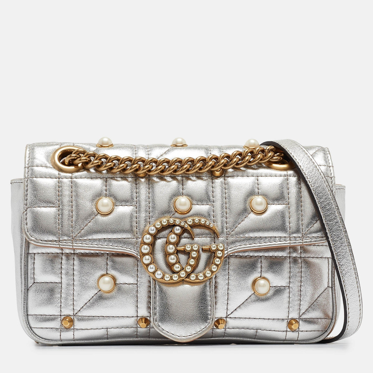 GUCCI Silver Matelasse Leather Mini GG Marmont Pearl Shoulder Bag