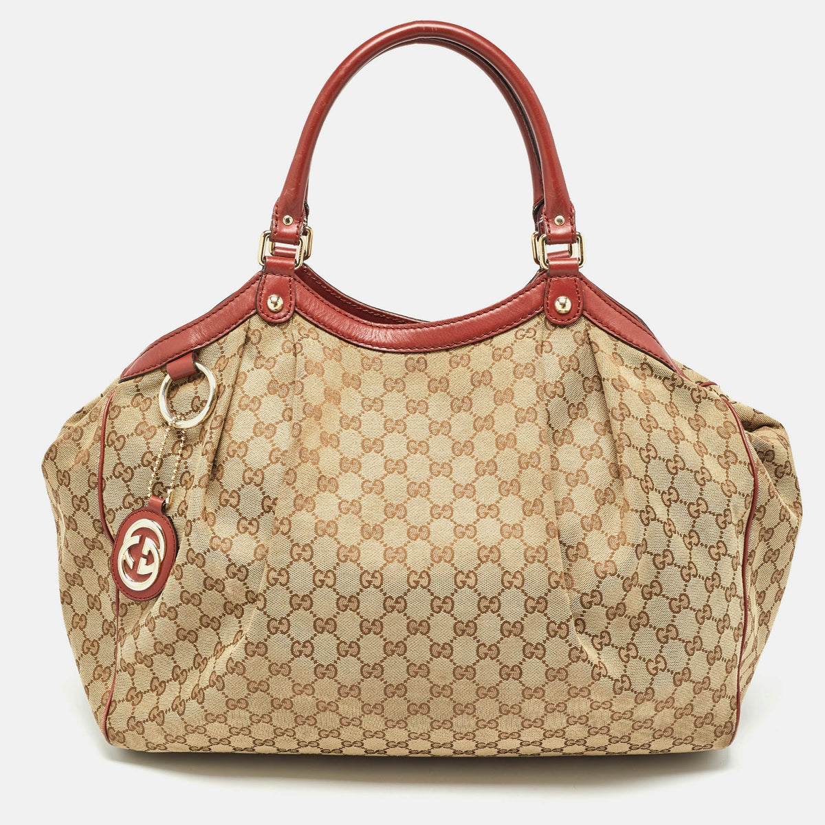 GUCCI Red/Beige GG Canvas and Leather Large Sukey Tote
