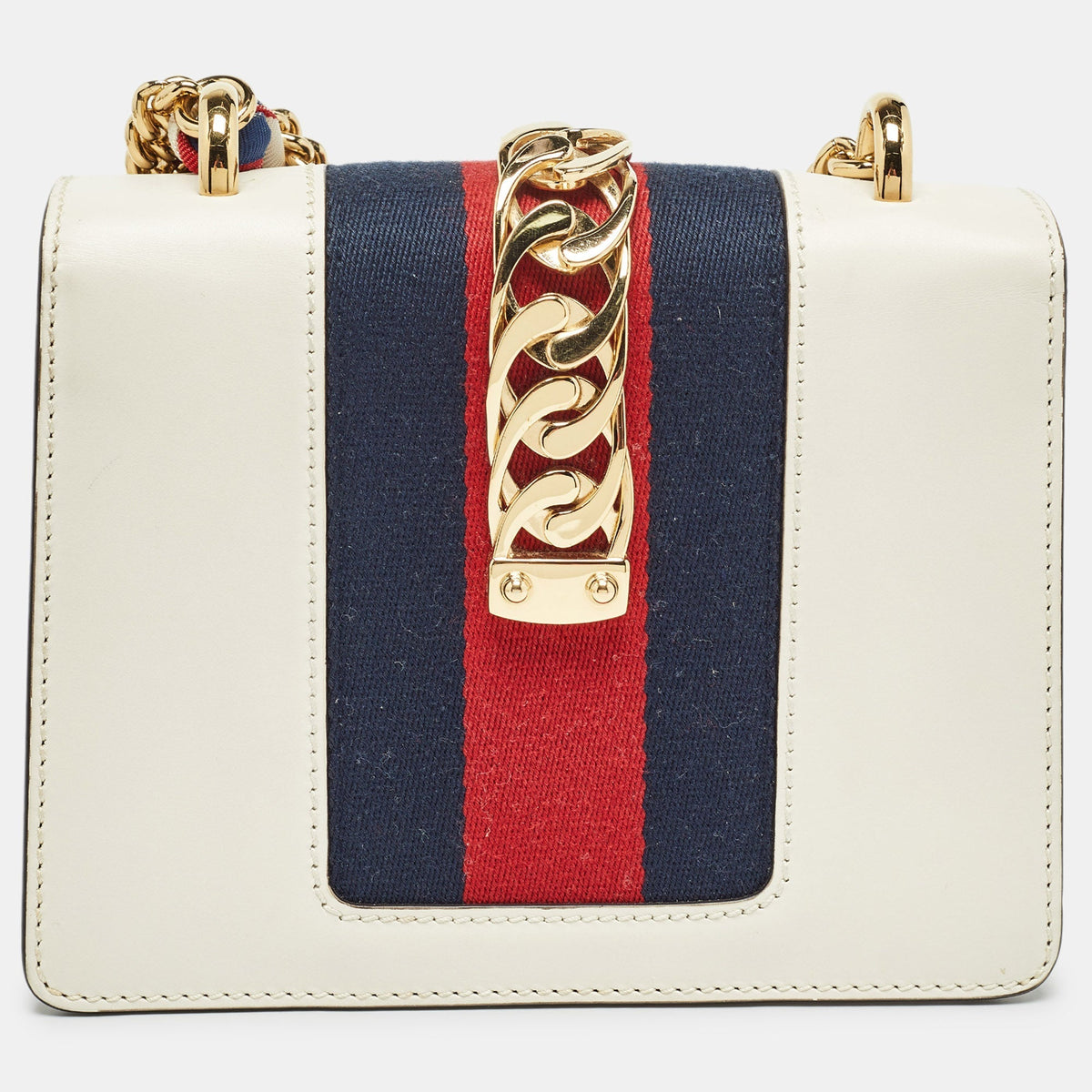 GUCCI Off White Leather Mini Web Chain Sylvie Crossbody Bag