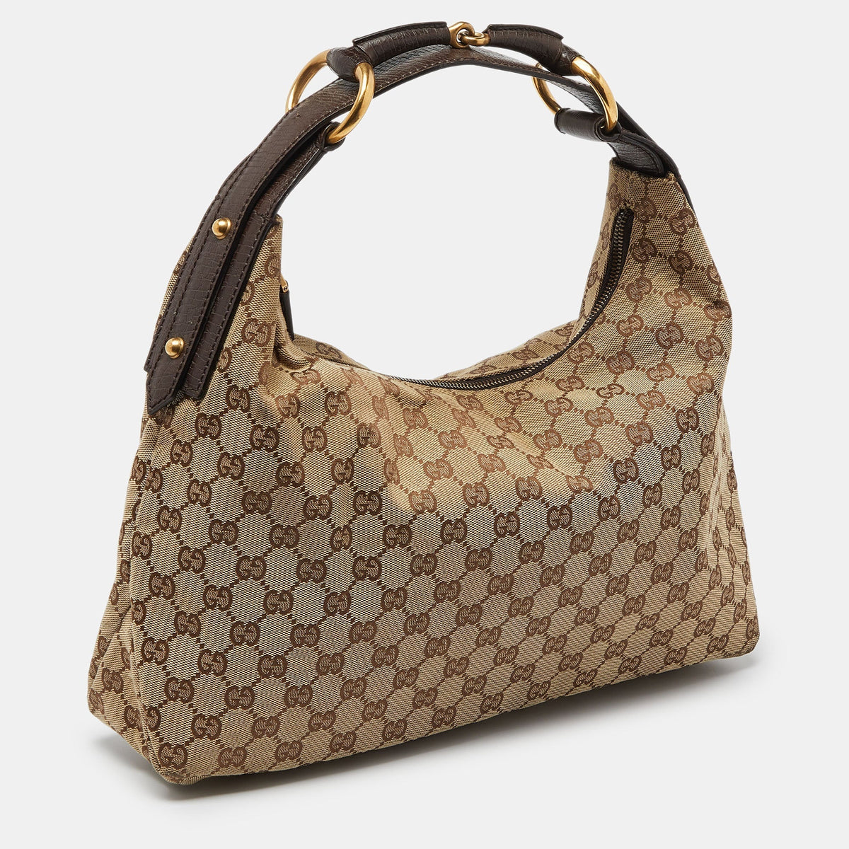 GUCCI Beige/Brown GG Canvas and Leather Horsebit Handle Hobo