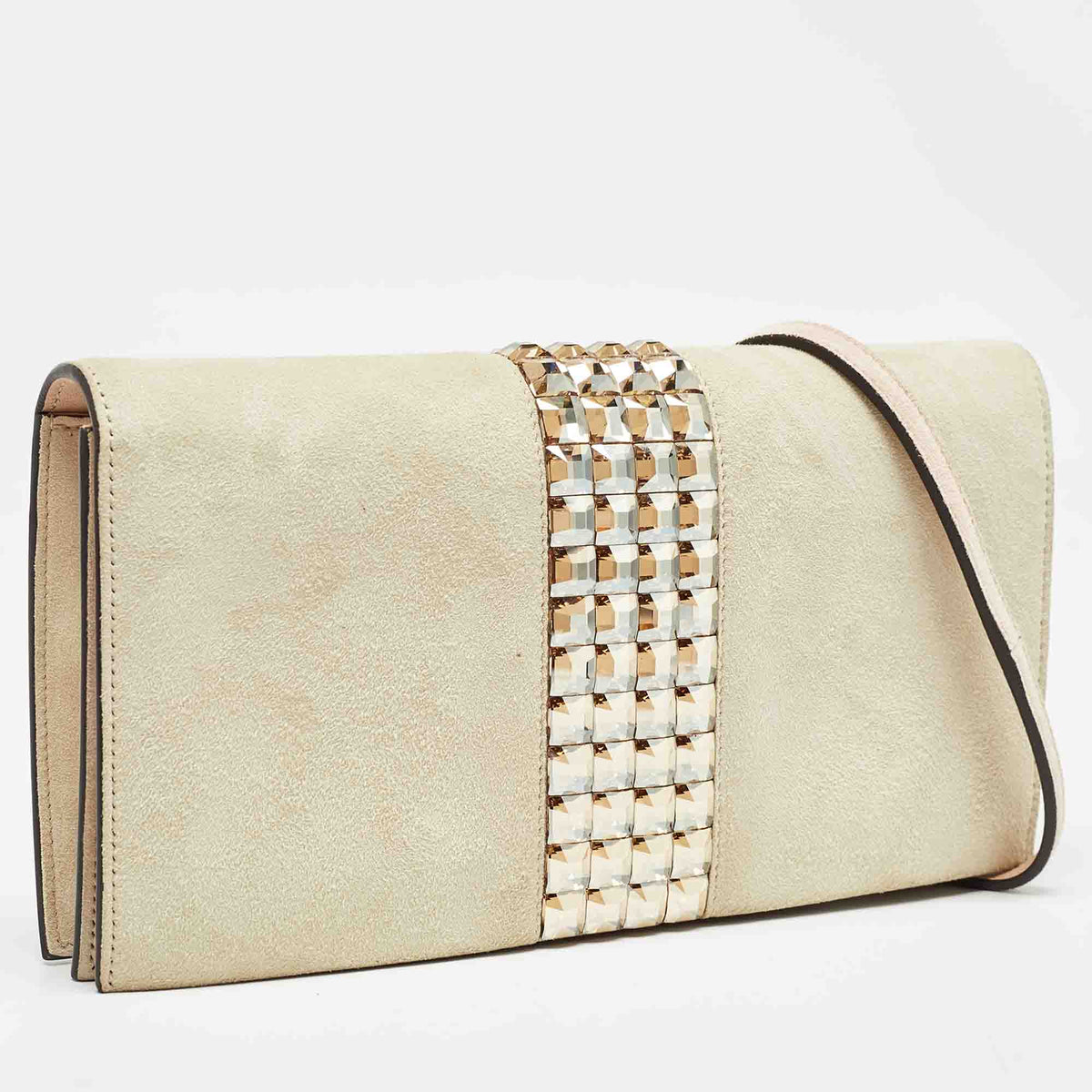 GUCCI Beige Suede Crystals Embellished Flap Chain Clutch