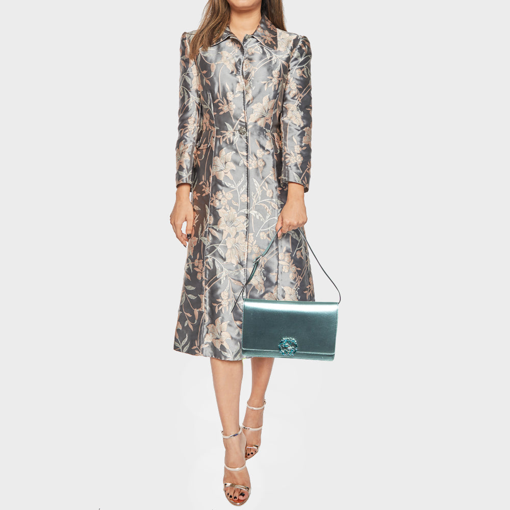 GUCCI Metallic Mint Green Leather Crystals Broadway Clutch Bag