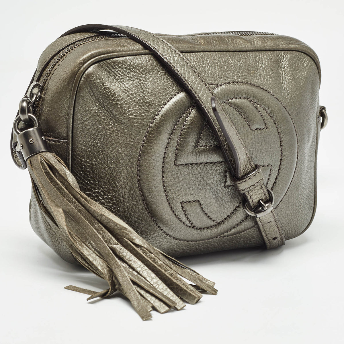 GUCCI Metallic Grey Leather Small Soho Disco Crossbody Bag