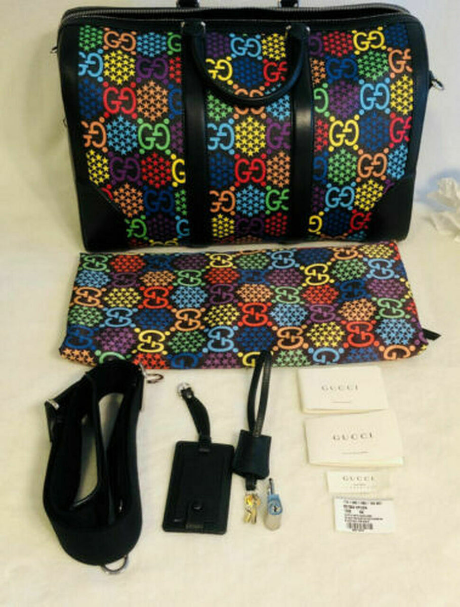 Gucci Psychedelic Black Boston GG Large Leather Travel Luggage Duffle Bag NEW
