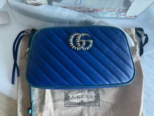 Gucci Marmont Gg Small Blue Matelasse Leather Shoulder Bag Handbag NEW