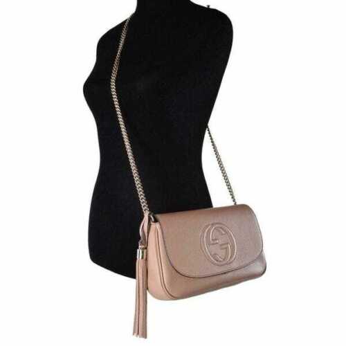 Gucci Soho Camelia Rose Beige Light Tan Leather shoulder bag Crossbody Italy New