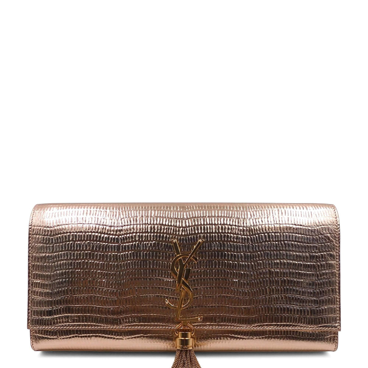 Classic Monogram Kate Clutch with Tassel Lizard Embossed Gold