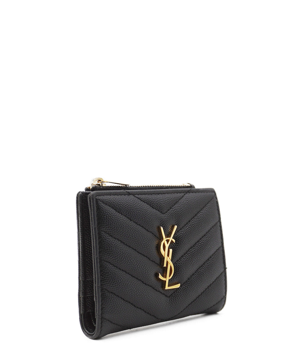 Matelassé Leather Cassandre Zip Compact Wallet Black