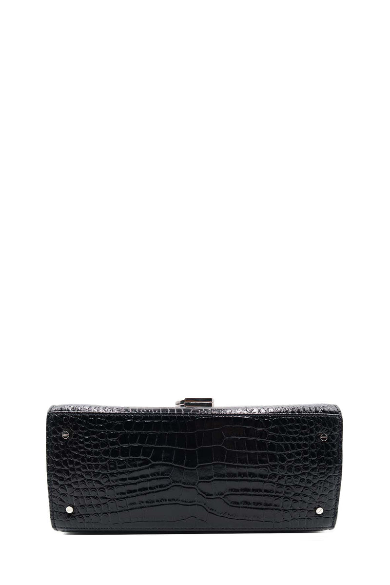 Medium Cassandra Top Handle Bag Crocodile Embossed Black