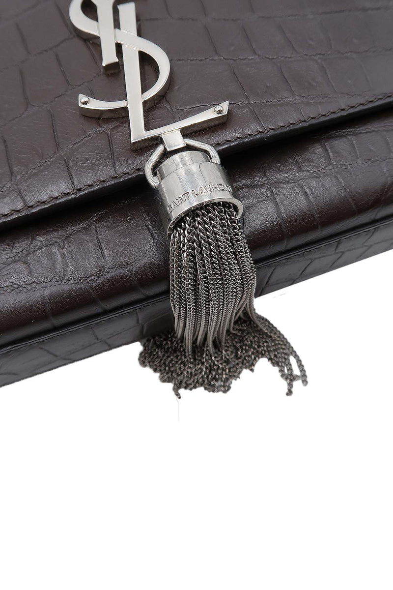 Monogram Medium Kate with Tassel Crocodile Embossed Matte with Silver Hardware Dark Brown