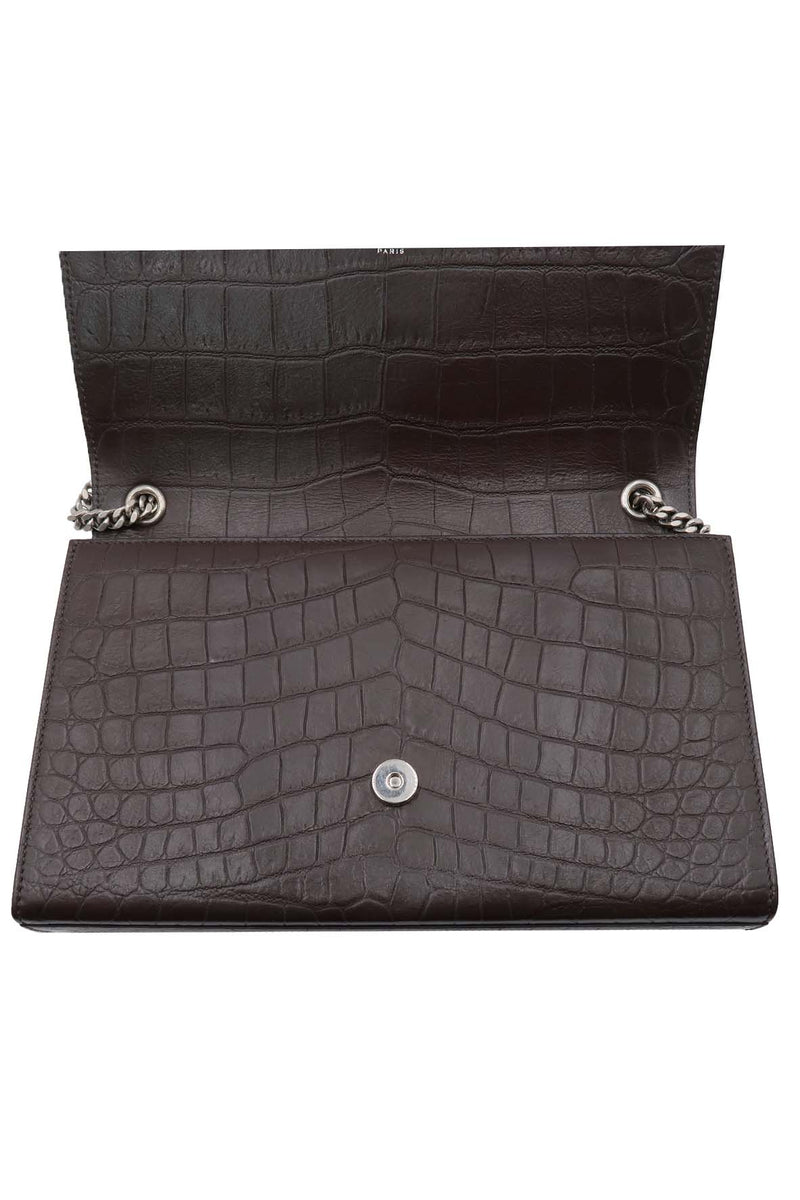 Monogram Medium Kate with Tassel Crocodile Embossed Matte with Silver Hardware Dark Brown