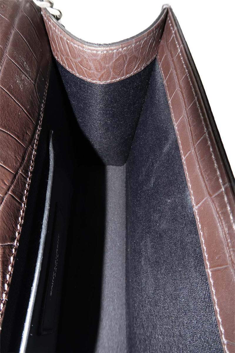 Monogram Medium Kate with Tassel Crocodile Embossed Matte with Silver Hardware Dark Brown