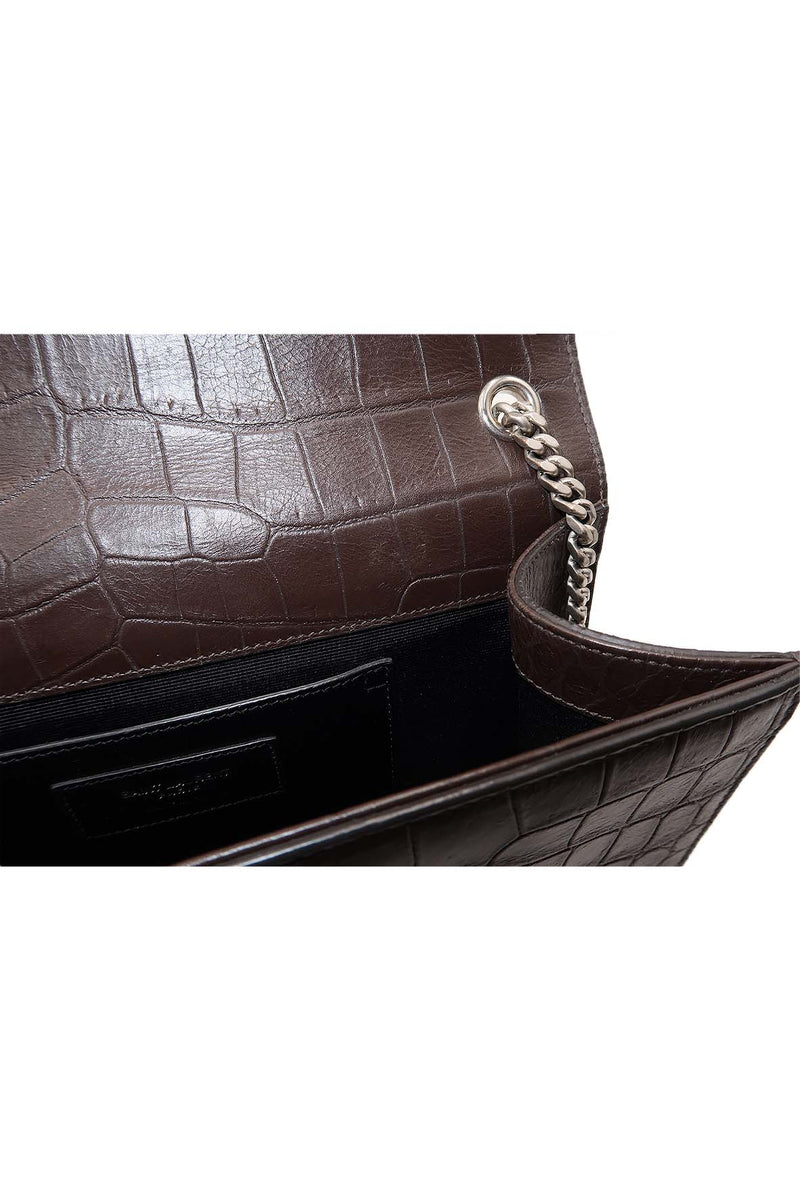 Monogram Medium Kate with Tassel Crocodile Embossed Matte with Silver Hardware Dark Brown