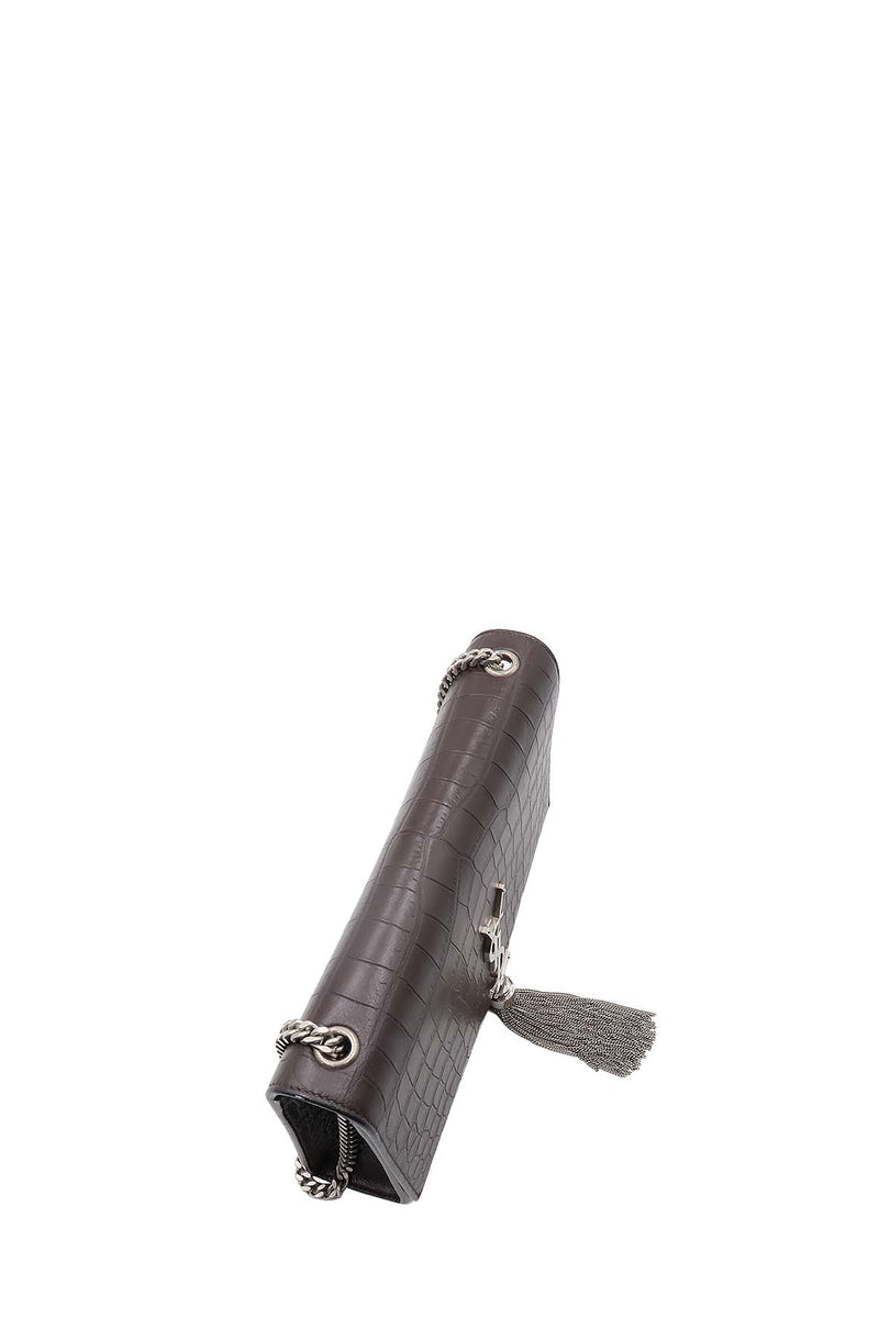 Monogram Medium Kate with Tassel Crocodile Embossed Matte with Silver Hardware Dark Brown