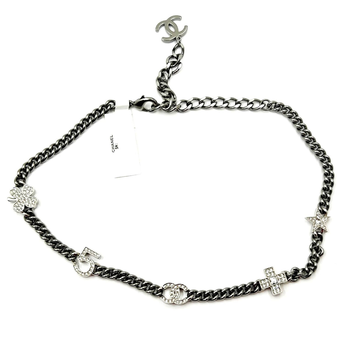 Top Quality Chanel Brand New Silver 5 Crystal Charms Gunmetal Chain Choker Necklace