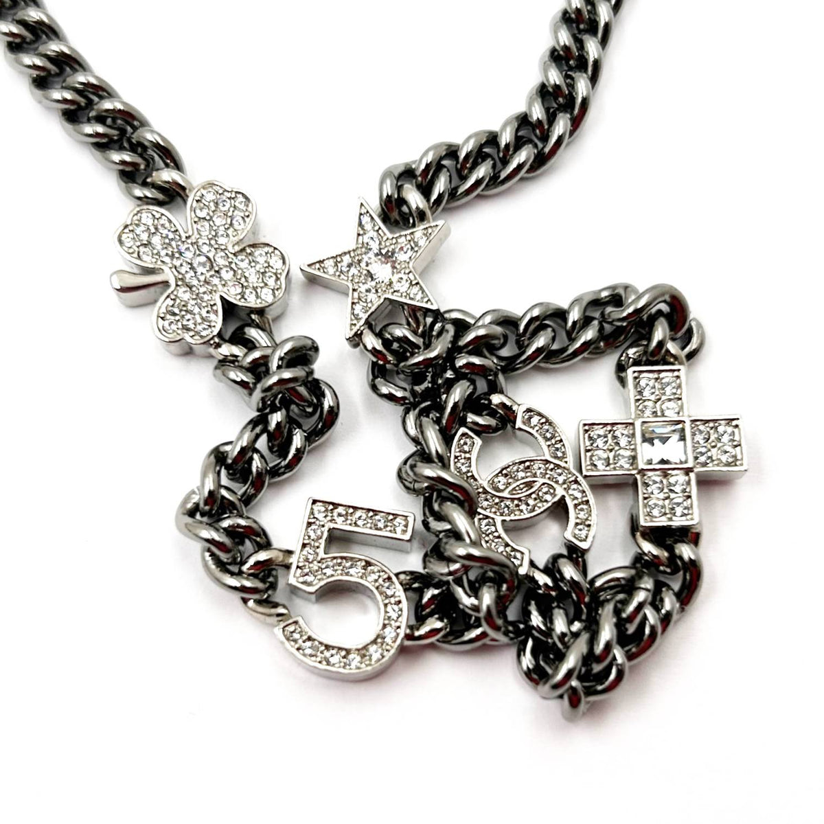 Chanel Brand New Silver 5 Crystal Charms Gunmetal Chain Choker Necklace