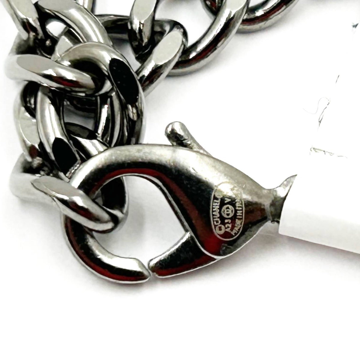 Chanel Brand New Silver 5 Crystal Charms Gunmetal Chain Choker Necklace